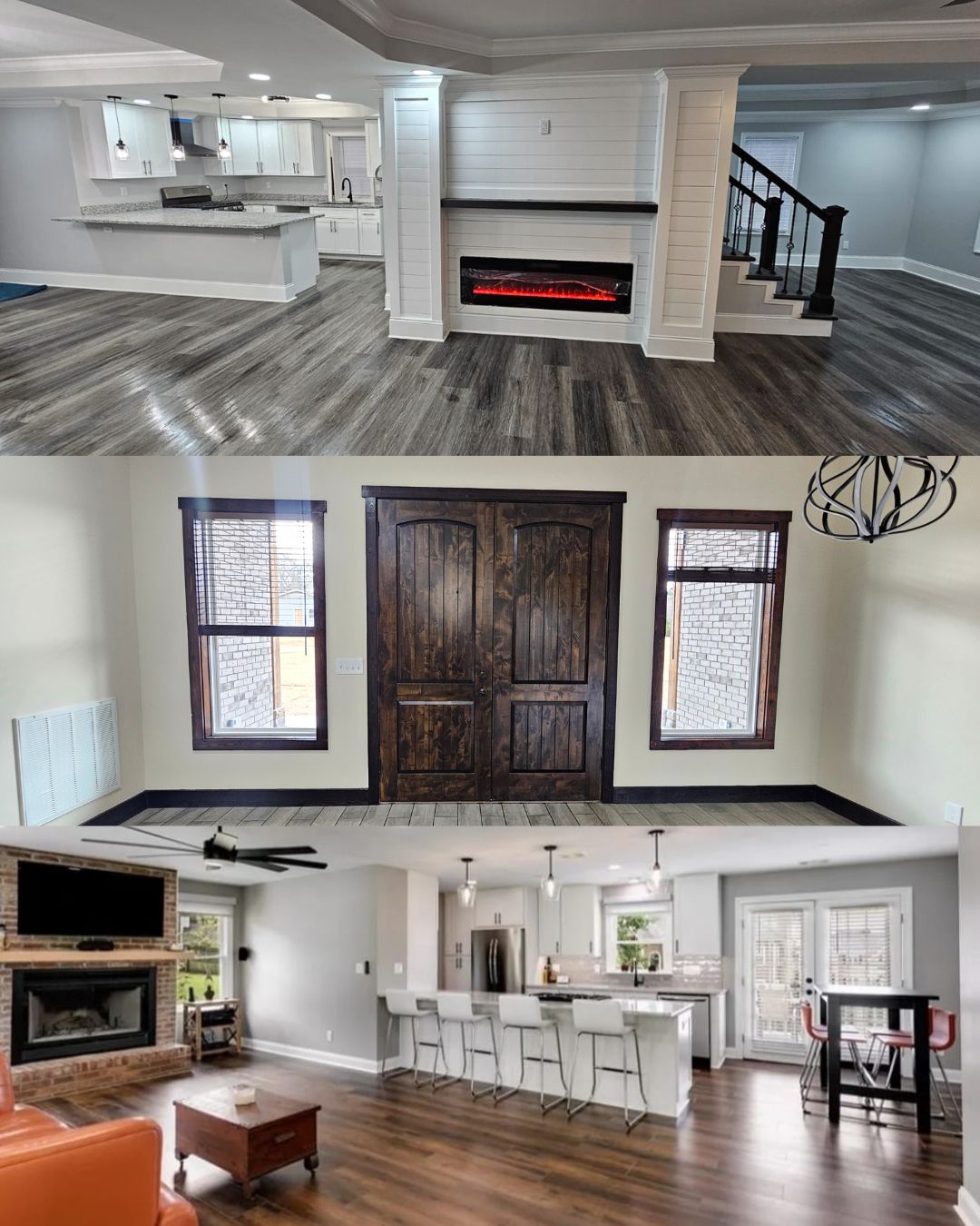 ProWork finished home interior — open concept with shiplap fireplace